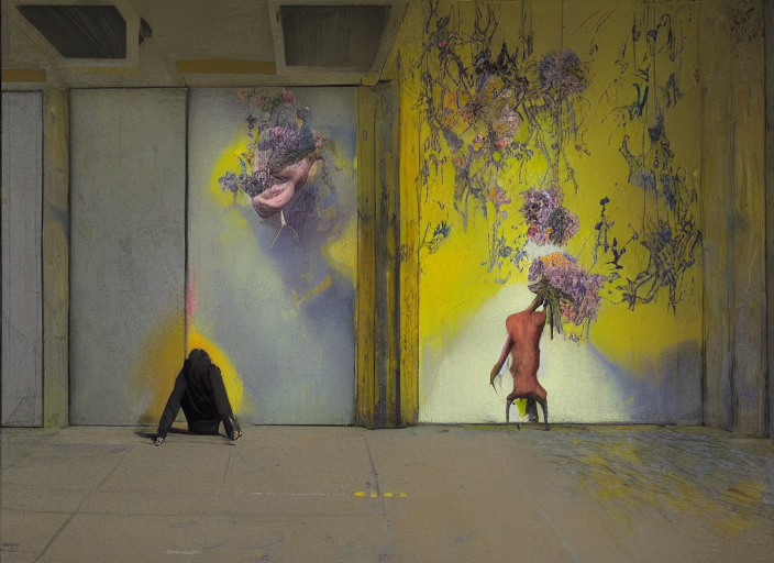 Kneeling Figure In On Yellow Pavement, Painterly, Interior O...