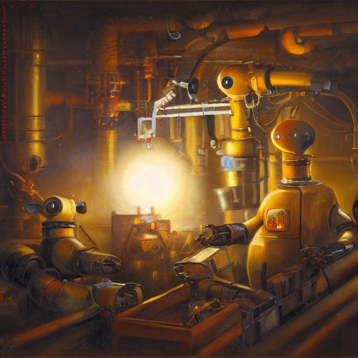 Robots Creating New Robots In A Dirty Factory Line, Oil Pain...