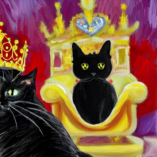 Impressionist Oil Painting Palette Knife, Beautiful Black Ca... — Stable Diffusion AI Prompt: impressionist oil painting palette knife, beautiful black cat wearing princess r...
