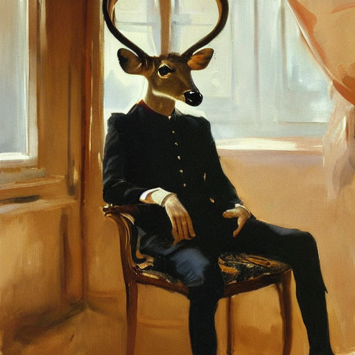 A Painting Of A Male Sika Deer In Suit Sitting On A Chair Ne...