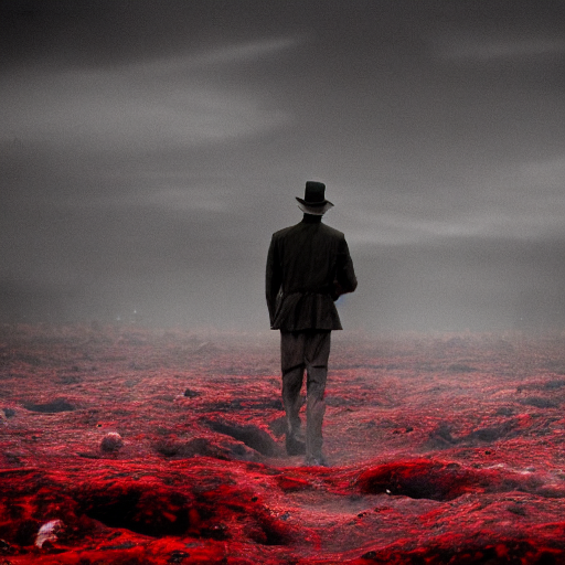 A Man In Old - Fashioned Attire Walking In An Infinite Sea O... — Stable Diffusion AI Prompt: a man in old - fashioned attire walking in an infinite sea of blood. many cadave...