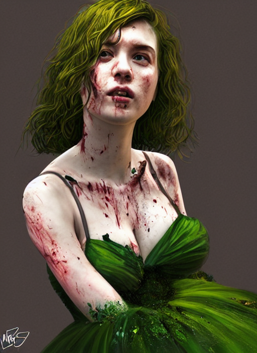 Portrait Of Terrified Green Ball Gown Young Woman, Bloodied,...