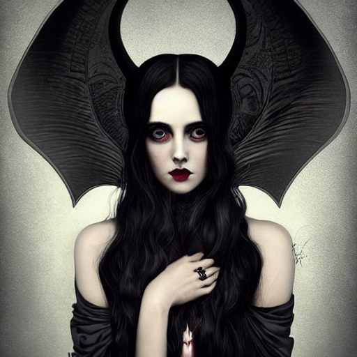 Portrait Of A Beautiful Woman With Horns, Long Wavy Black Ha...