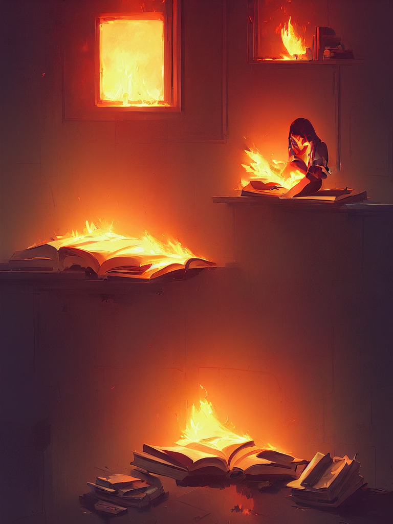 Illustration Of Books Are Burning, Book Cover Style, By Atey...
