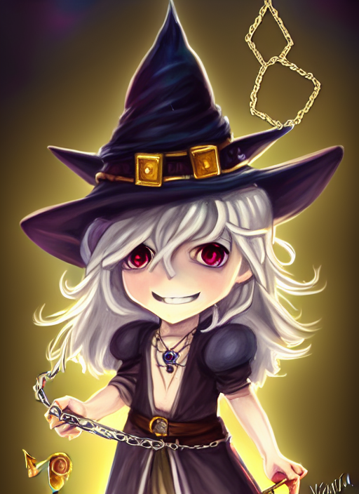 A Portrait Of Girl Magician, Witch Hat, Silver Magic, Smilin...