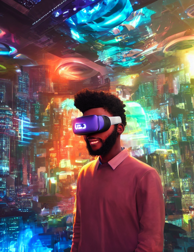Young Urban Black Man Wearing A Vr Headset Surrounded By Cur...