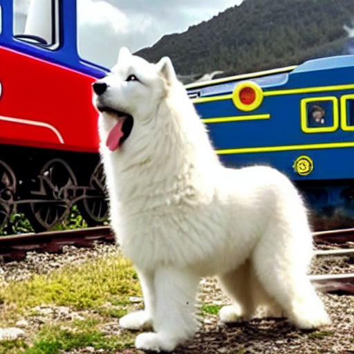 A Samoyed Advancing Ominously Upon Thomas The Tank Engine