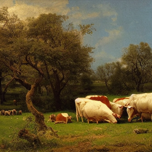 A Pastoral, Bucolic Oil Painting Of Three Cows And Two Sheep... — Stable Diffusion AI Prompt: a pastoral, bucolic oil painting of three cows and two sheep resting on the grou...