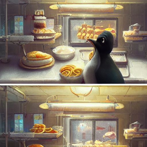 A Happy Penguin Cooking In A Bakery By Greg Rutkowski And Th...