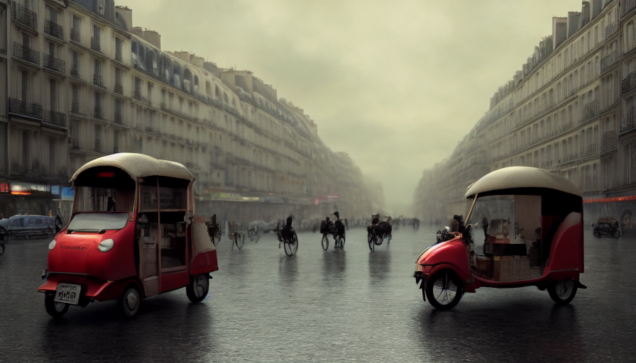 An Auto Rickshaw Driving Through Paris, An Epic Fantasy, Wid... — Stable Diffusion AI Prompt: an auto rickshaw driving through paris, an epic fantasy, wide shot, rainy day, d...