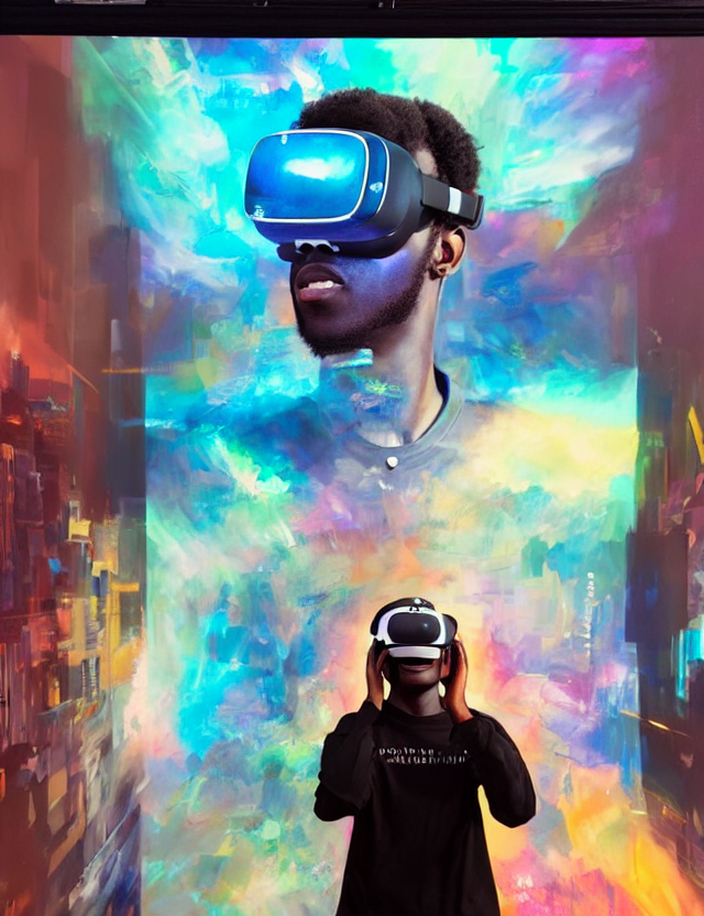 Young Urban Black Man Wearing A Vr Headset In Front Of Large...