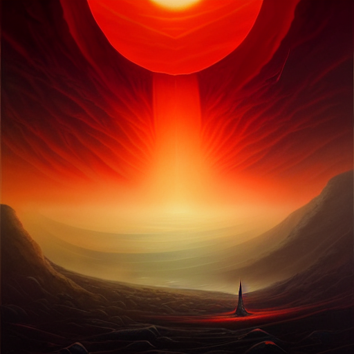 A Painting Of A Landscape With A Red Sky With A Black Sun, P...