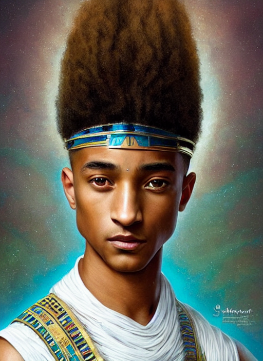 Jaden Smith Symmetrical Close - Up Portrait As Ancient Egypt... — Stable Diffusion AI Prompt: jaden smith symmetrical close - up portrait as ancient egyptian, shaven head, fr...