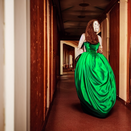 A Panicked Woman In A Corridor Wearing A Green Ball Gown And...