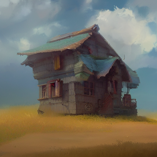 An Artistic Painting Of A Small House Floating In A Colorful... — Stable Diffusion AI Prompt: an artistic painting of a small house floating in a colorful cloudy blue sky, mi...