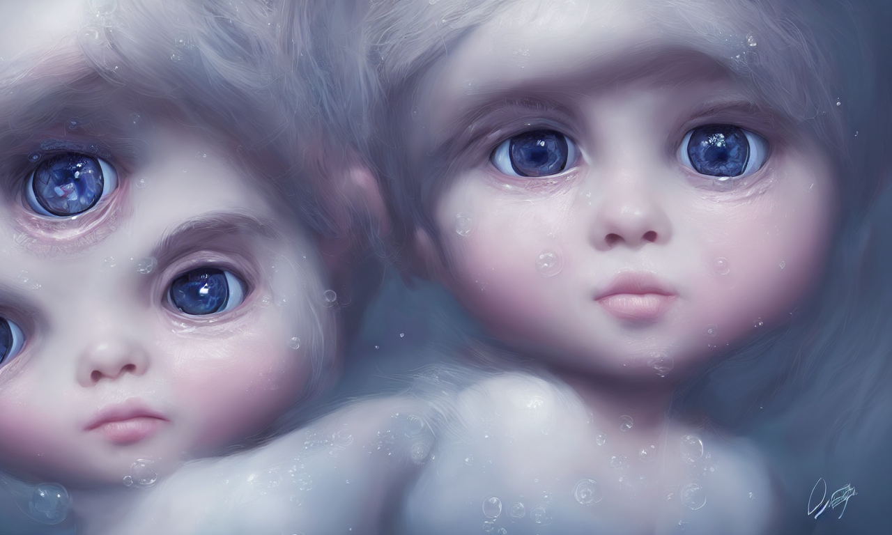 Digital Painting Of Beautiful Cute Baby Bubble With Huge Eye...