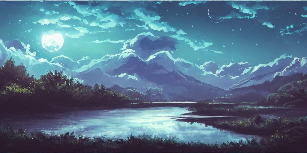 Moonlit River  Surrounded By  Mountains And Forests  With A...