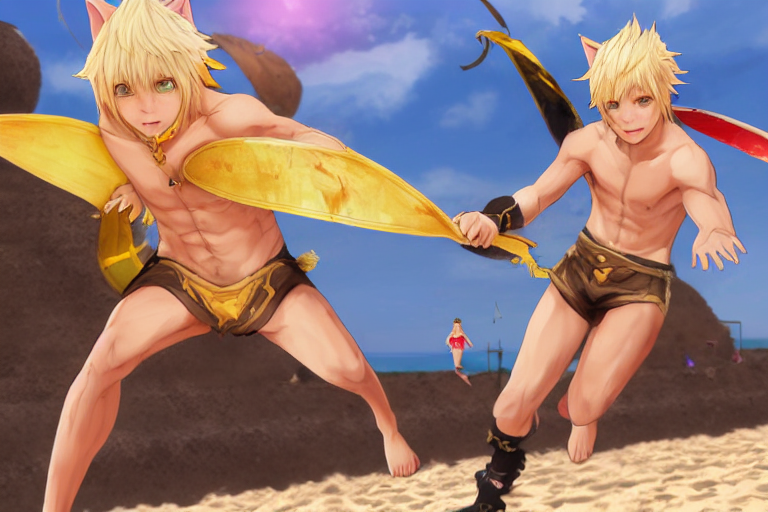 A Male Blond Miqote From Final Fantasy Xiv Online Playing Be... — Stable Diffusion AI Prompt: a male blond miqote from final fantasy xiv online playing beach volley, cat ears...