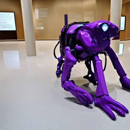 A Boston Dynamicss Spot With A Purple Leg In An Empty Museum