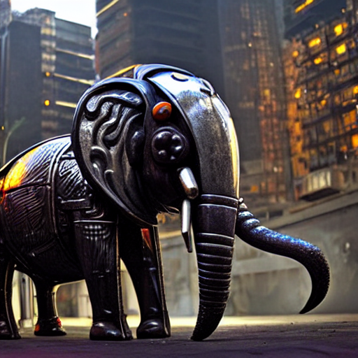 A Cyborg Elephant Made Of Metal In A Large City, Shiny, Chro...