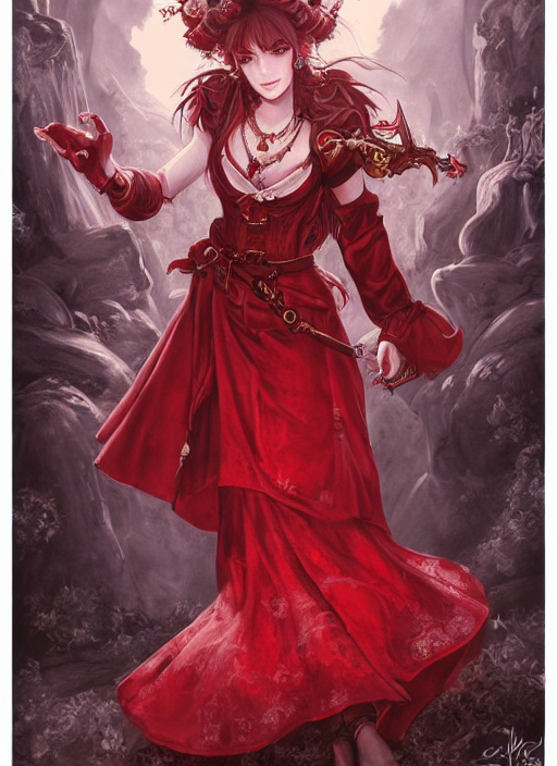 A Portrait Of Girl Bard In Red Dress, Fantasy, Dungeons And...