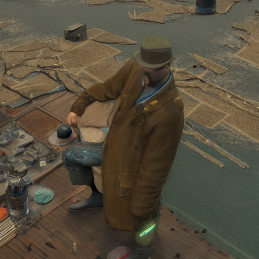 A Drunken Man Standing In A Harbor In The Style Of Disco Ely...