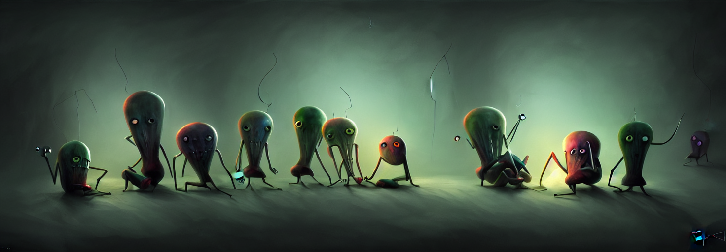 Whimsical Sinister Plankton Creatures Sitting Around In A Hu...