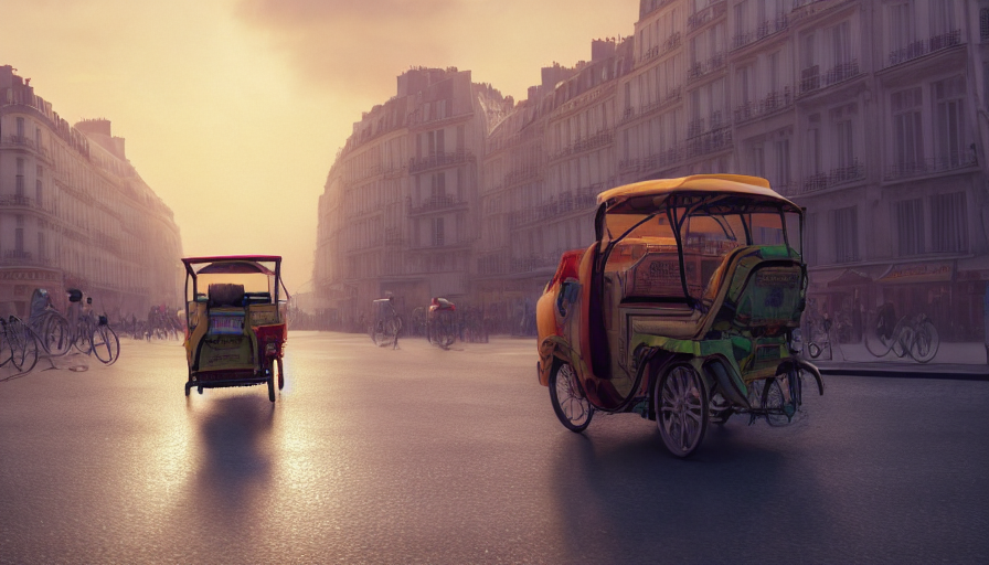 An Auto Rickshaw Driving Through Paris, An Epic Fantasy, Wid... — Stable Diffusion AI Prompt: an auto rickshaw driving through paris, an epic fantasy, wide shot, trending on...
