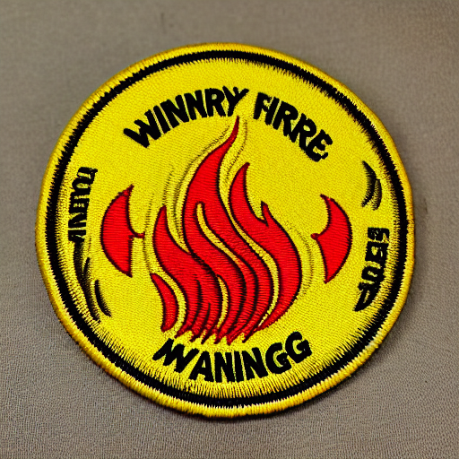 Vintage Windy Fire Flame Warning Label Patch — Stable Diffusion AI Prompt: vintage windy fire flame warning label patch