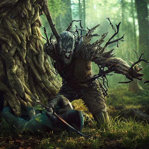 A Witcher Fighting A Leshen In The Forest, Night, Detailed,...