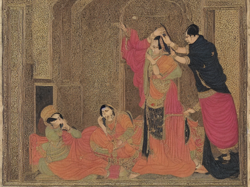 A Mughal Ruler Touching A Lock Of Hair Of A Lady, Ornate Mug...