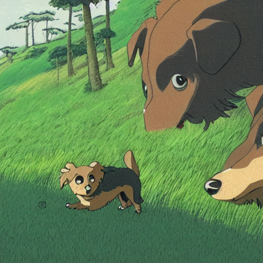 Dogs On Green Landscape By Hayao Miyazaki, Studio Ghibli — Stable Diffusion AI Prompt: dogs on green landscape by hayao miyazaki, studio ghibli