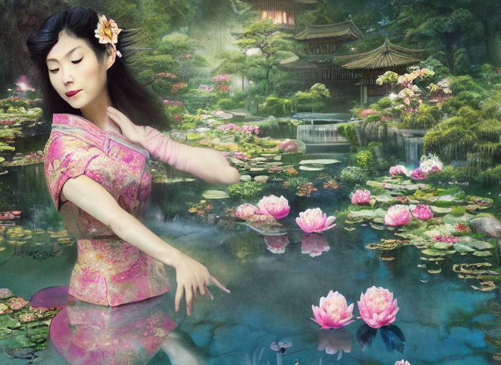 Ancient Japanese Fantasy Garden At Night, Beautiful Woman Ca...