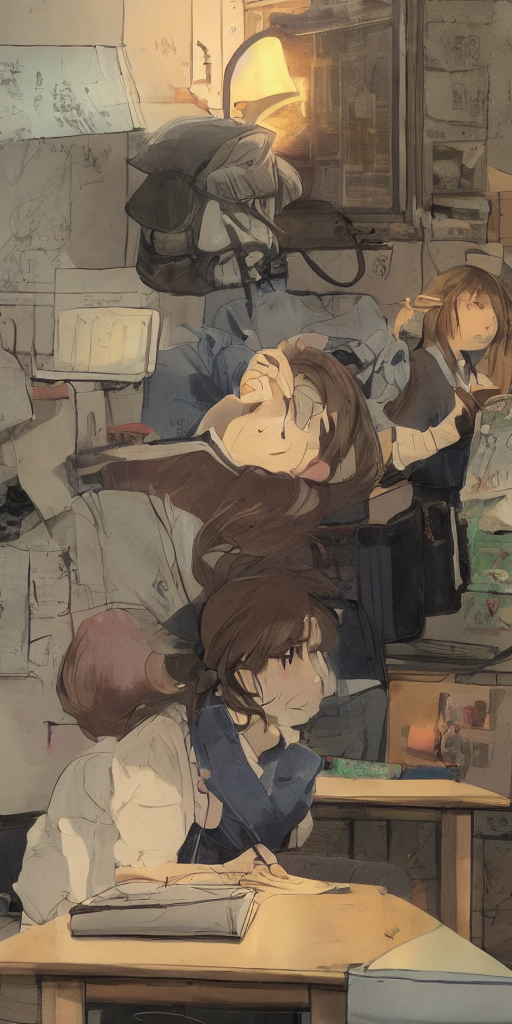 3 Panel Scene, Schoolgirl Sit In A Cozy School Classroom At...