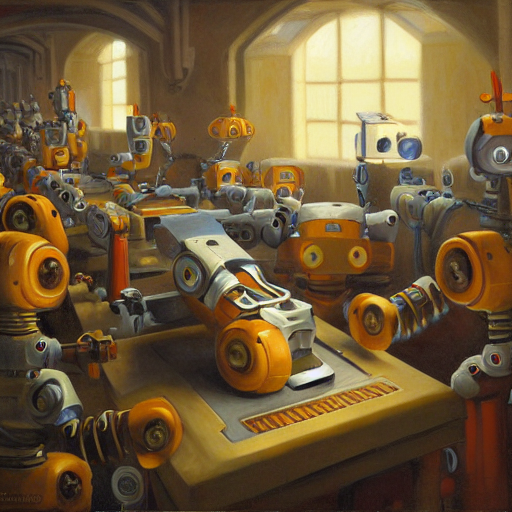 Robots Creating New Robots In A Factory, Oil Painting By Jus...