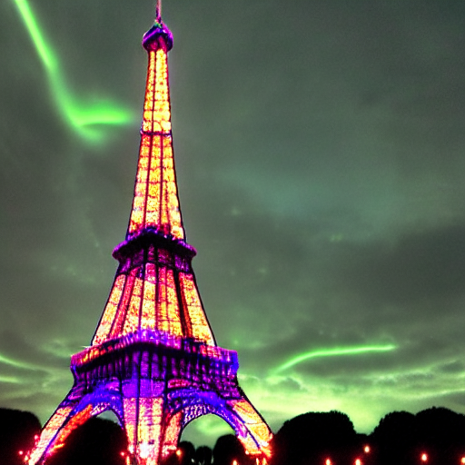 The Eiffel Tower In Neon Lights With A Tornado — Stable Diffusion AI Prompt: the eiffel tower in neon lights with a tornado