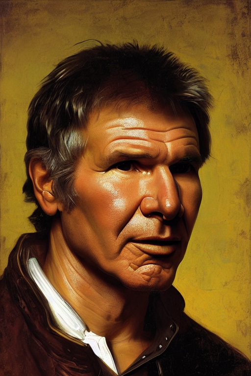 Harrison Ford By Kehinde Wiley And Rembrandt. Photorealistic...