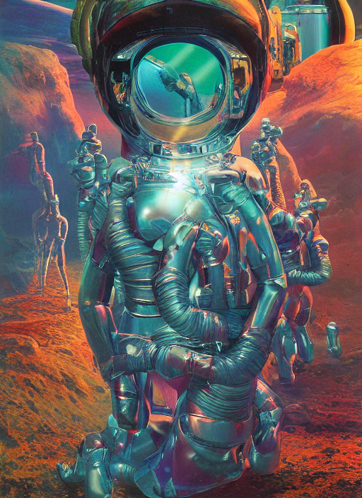 Astronauts In Holographic Chrome Suits In Bright Room - Comp...