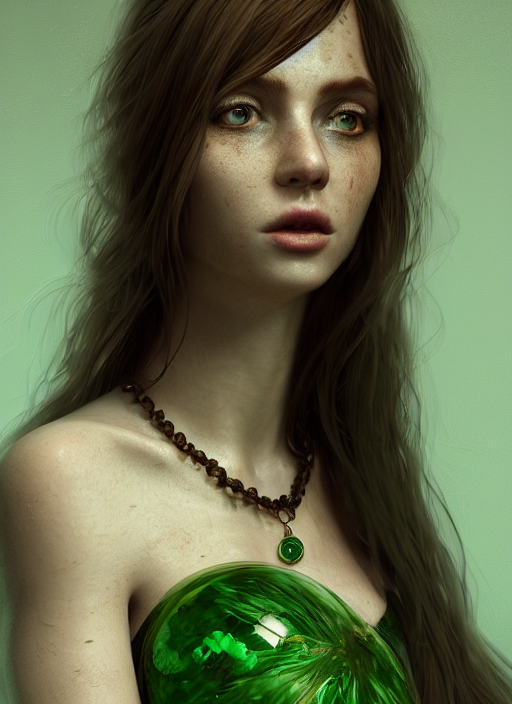 Portrait Of Terrified Green Ball Gown Young Woman, Long Brow...