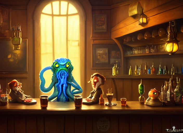 Cute Cthulhus Sitting In A Bar, Fantasy, Concept Art, Artsta... — Stable Diffusion AI Prompt: cute cthulhus sitting in a bar, fantasy, concept art, artstation, disney, pixar,...