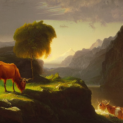Oil Painting By Thomas Cole Of A Highland Cow And A Llama On... — Stable Diffusion AI Prompt: oil painting by thomas cole of a highland cow and a llama on a cliff overlooking...