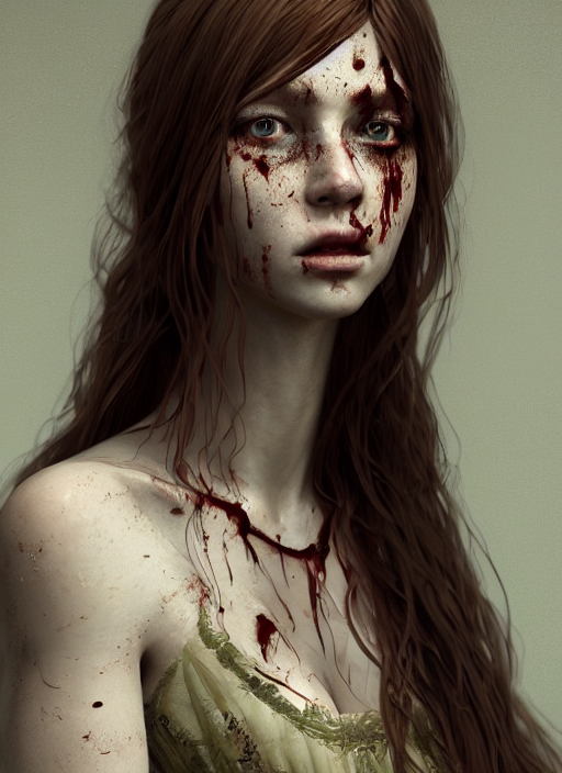Portrait Of Terrified Ball Gown Young Woman, Long Brown Hair...