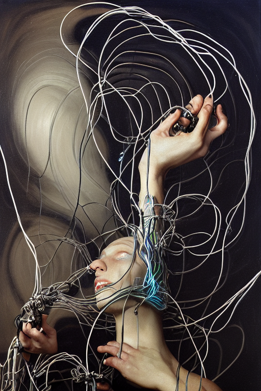 A Surrealistic Monochromatic Portrait Of A Cyborg Being Fed... — Stable Diffusion AI Prompt: a surrealistic monochromatic portrait of a cyborg being fed by numerous wires an...