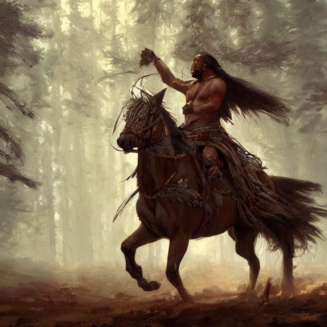 Native American Warrior Riding A Horse, Forest In The Backgr...