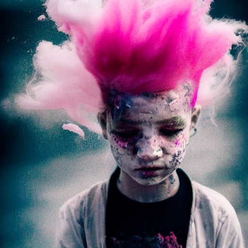 A Dramatic Photo Of A Child With Cotton Candy Hair. Paint Sp...