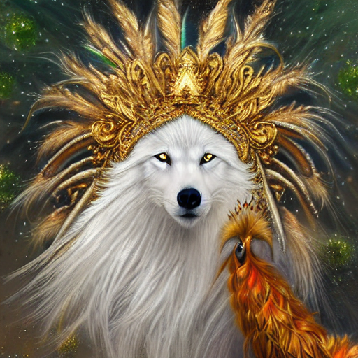 Beautiful White Wolf With Long Flowing Fur And Peacock Feath...