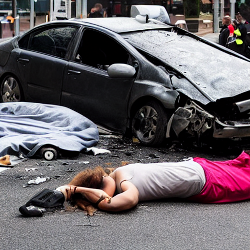 After A Car Accident, In The Smoke, A Man And A Woman Lying...