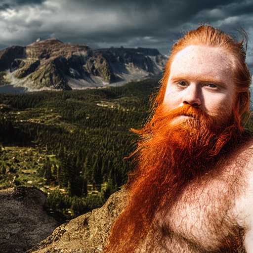 A Portrait Of A Ginger Bearded Man On A Mountain Landscape,... — Stable Diffusion AI Prompt: a portrait of a ginger bearded man on a mountain landscape, photograph, 4 k, bea...