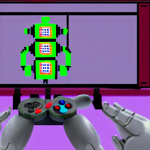 A Robot Coding, On Screen Old Video Game Shown, Robot Playin... — Stable Diffusion AI Prompt: a robot coding, on screen old video game shown, robot playing with controller