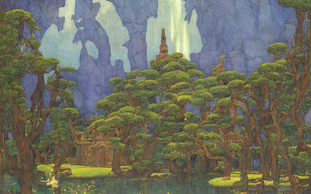 Ancient Temple By A Lake. By Edmund Dulac And Maxfield Parri...